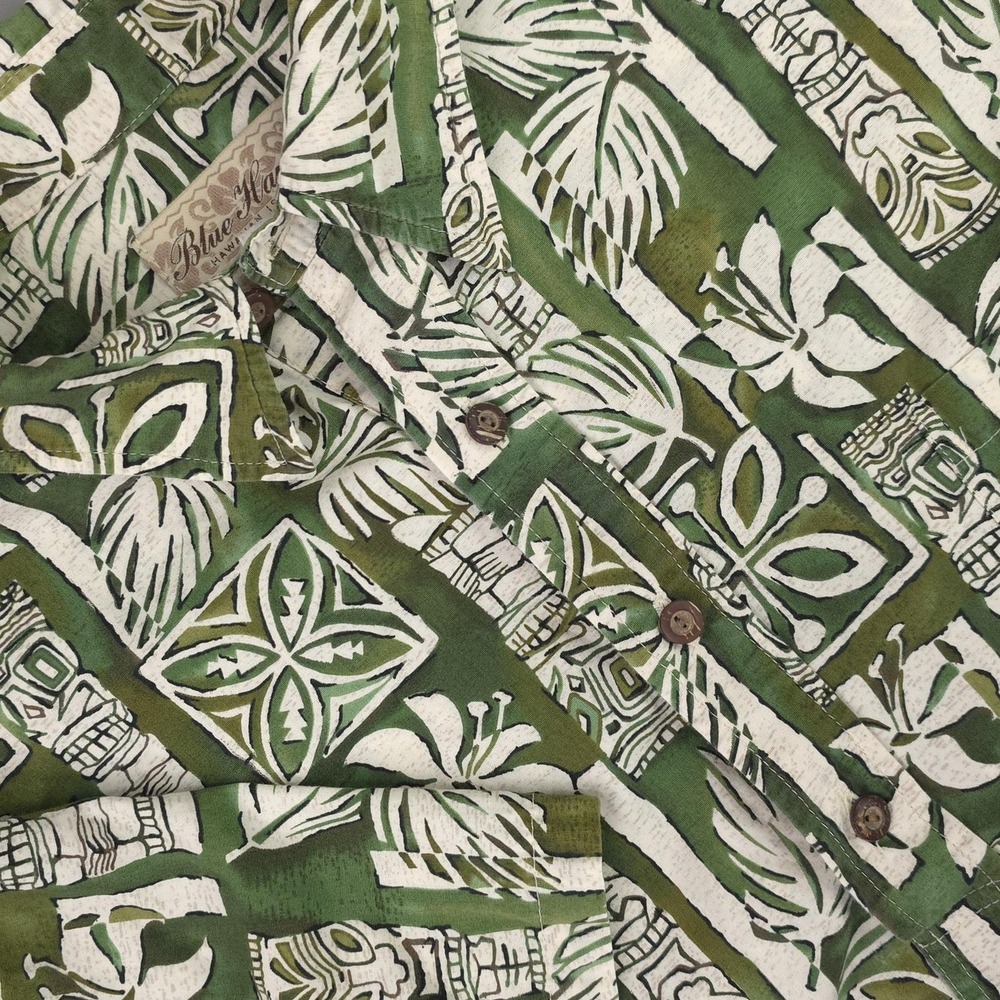 Blue Hawaii Shirt Mens XL Green Floral Hawaiian Pop Over Cotton Short Sleeve USA